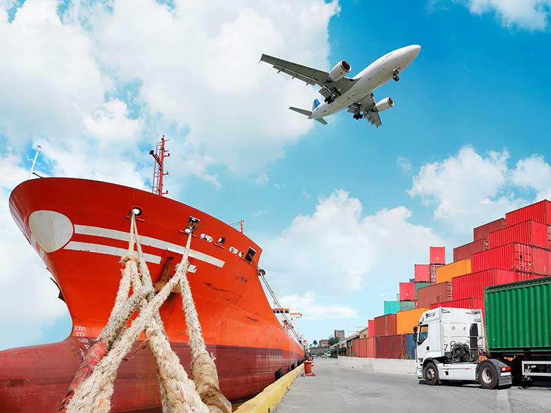 port with containers, ship, plane and truck